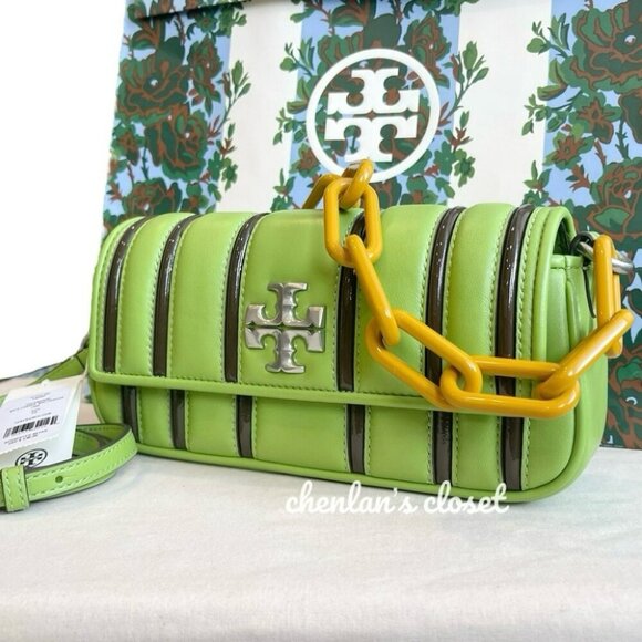 Tory Burch Kira Green Leather Shoulder Bag Stripe Chain Strap Silver Hardware - Picture 5 of 13